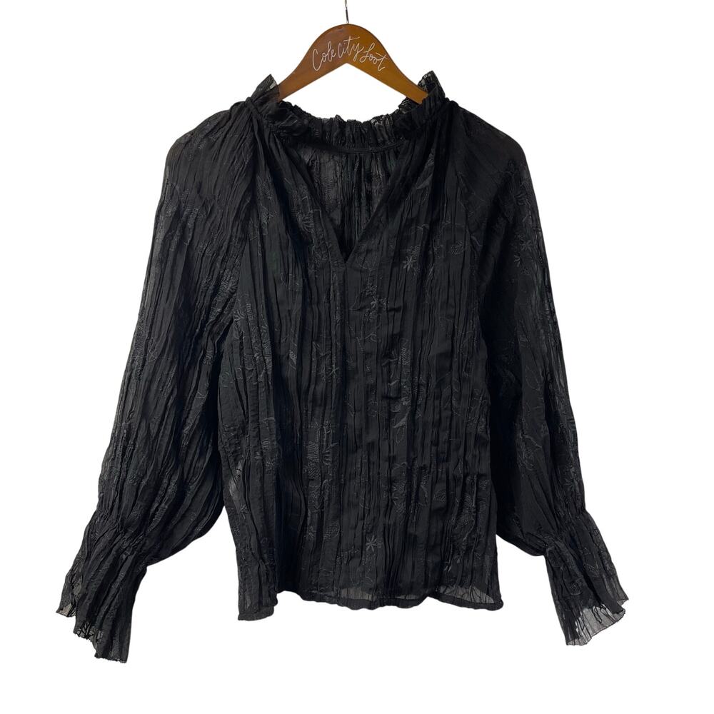 Zara Sheer Black Top Long Sleeve Subtle Embroidery Floral Small Ruffle Collar